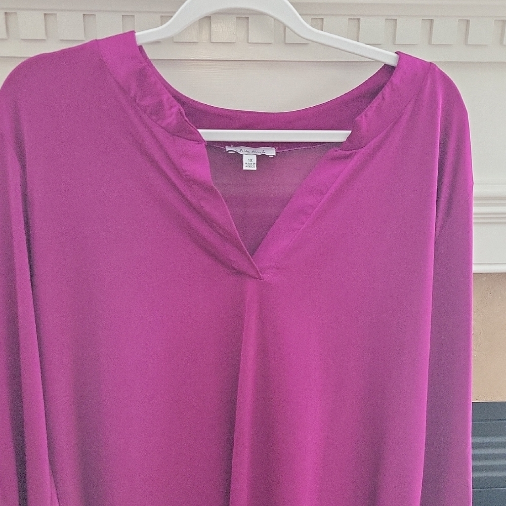 white birch Fuchsia V‑Neck Roll‑Tab Blouse - Picture 3 of 5